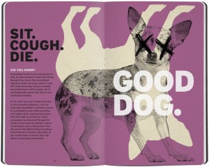 "Sit. Cough. Die. Good Dog." Dead Dog Illustration - Second hand smoke kills out pets.