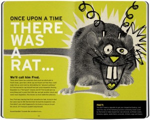 "Once upon a time, there was a rat named Fred." Crazy Rat hooked up to electrodes illustration